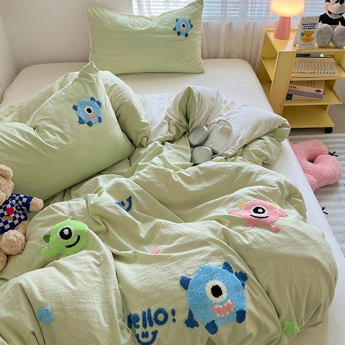 91家纺网 家纺一手货源 找家纺 优佳优品 2024新款水洗棉毛巾绣四件套（可提供买家秀） 大怪兽绿