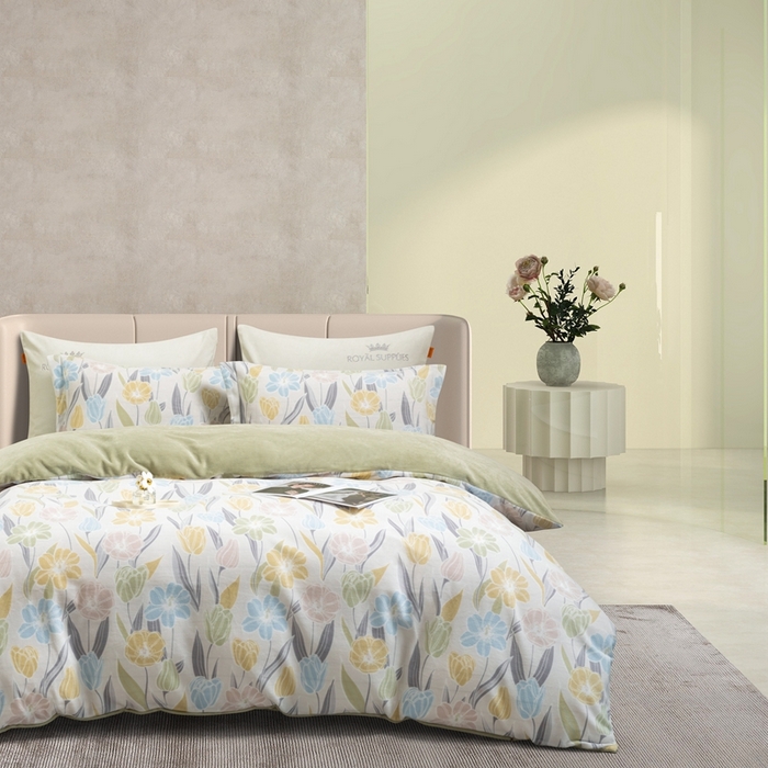 91家纺网 家纺一手货源 找家纺 宜家坊 2024新款加厚保暖印花牛奶绒四件套 郁香轻语-奶绿