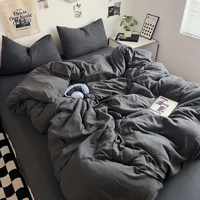 91家纺网 家纺一手货源 找家纺 优佳优品 2024新款ins风超柔褶皱亲肤磨毛水洗棉四件套 布鲁灰