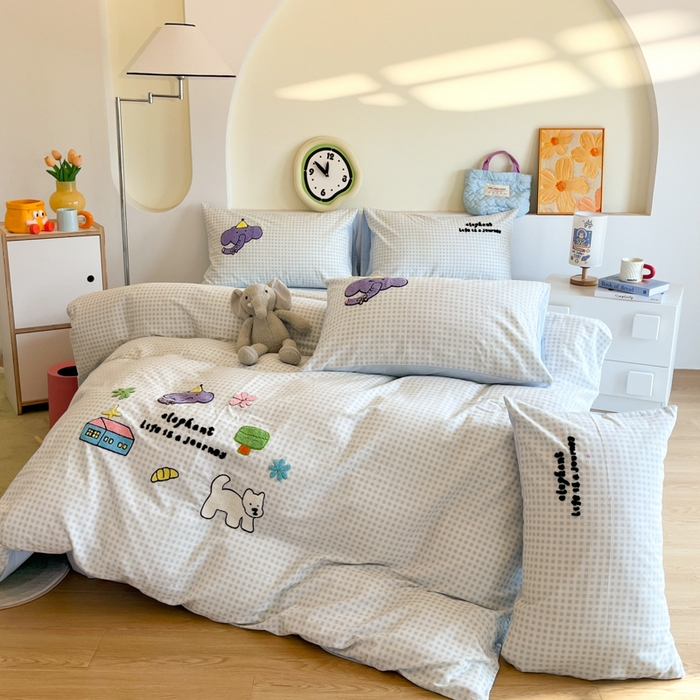 91家纺网 家纺一手货源 找家纺 千朵 2024新款全棉磨毛绣花毛巾绣四件套 紫色小象