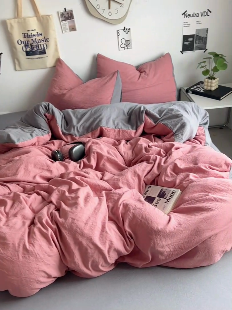 91家纺网 家纺一手货源 找家纺 优佳优品 2024新款ins风超柔褶皱亲肤磨毛水洗棉四件套 豆沙浅灰