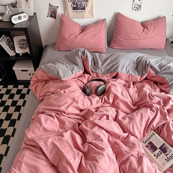 91家纺网 家纺一手货源 找家纺 优佳优品 2024新款ins风超柔褶皱亲肤磨毛水洗棉四件套 豆沙浅灰