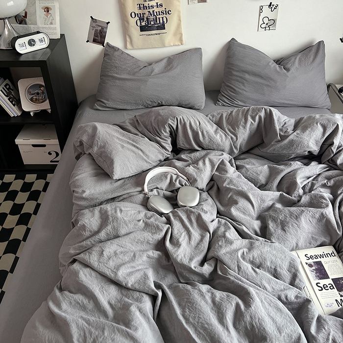 91家纺网 家纺一手货源 找家纺 优佳优品 2024新款ins风超柔褶皱亲肤磨毛水洗棉四件套 流光灰