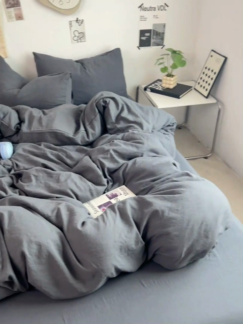 91家纺网 家纺一手货源 找家纺 优佳优品 2024新款ins风超柔褶皱亲肤磨毛水洗棉四件套 流光灰