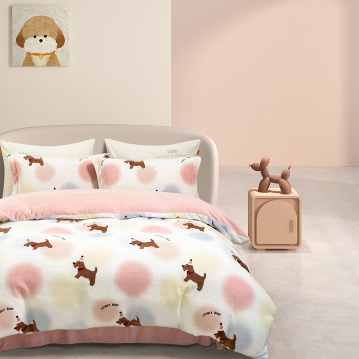 91家纺网 家纺一手货源 找家纺 宜家坊 2024新款加厚保暖印花牛奶绒四件套 波点徕卡