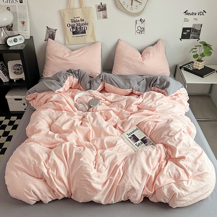 优佳优品 2024新款ins风超柔褶皱亲肤磨毛水洗棉四件套 浅粉灰