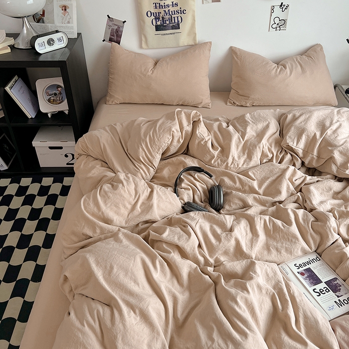 91家纺网 家纺一手货源 找家纺 优佳优品 2024新款ins风超柔褶皱亲肤磨毛水洗棉四件套 奶茶