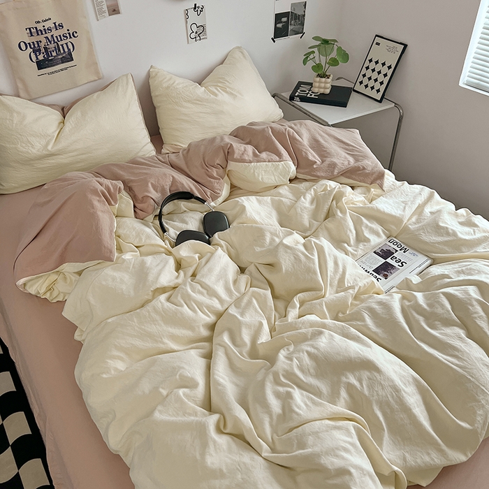 91家纺网 家纺一手货源 找家纺 优佳优品 2024新款ins风超柔褶皱亲肤磨毛水洗棉四件套 菊蕊奶黄