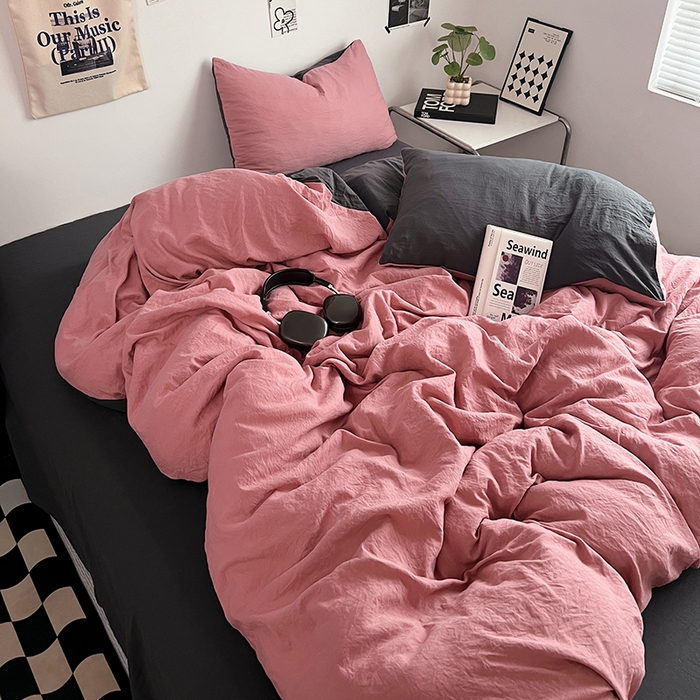 91家纺网 家纺一手货源 找家纺 优佳优品 2024新款ins风超柔褶皱亲肤磨毛水洗棉四件套 豆沙深灰