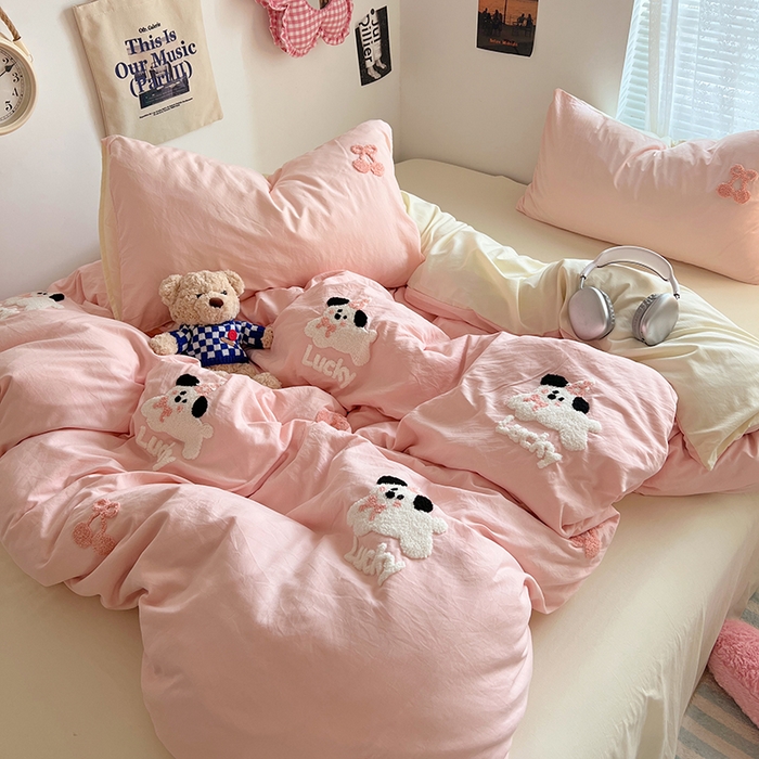 91家纺网 家纺一手货源 找家纺 优佳优品 2024新款水洗棉毛巾绣四件套（可提供买家秀） 樱桃奶狗