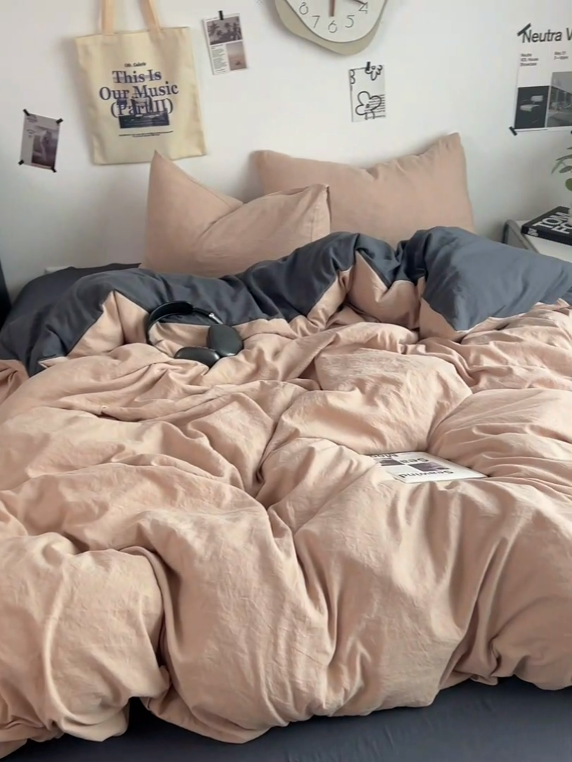 91家纺网 家纺一手货源 找家纺 优佳优品 2024新款ins风超柔褶皱亲肤磨毛水洗棉四件套 卡其深灰