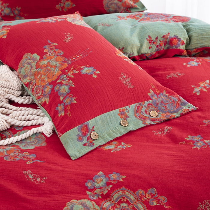 91家纺网 家纺一手货源 找家纺 鲁爱 2025新款全棉色织双层纱纽扣款四件套 锦绣芳华