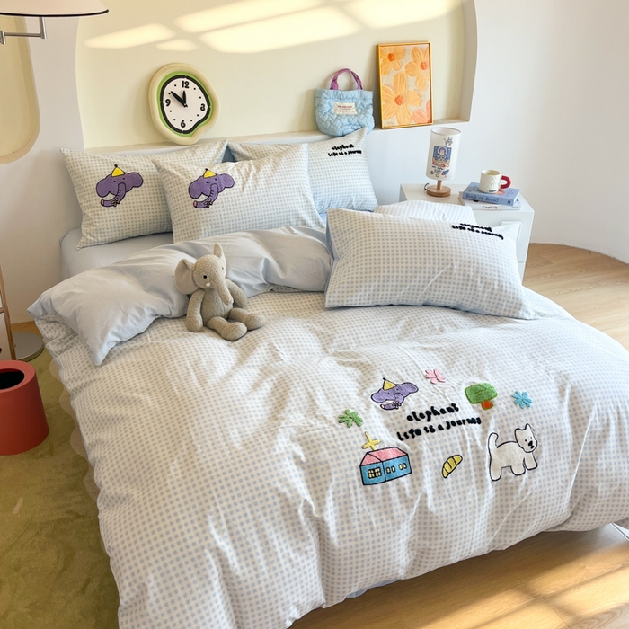 91家纺网 家纺一手货源 找家纺 千朵 2024新款全棉磨毛绣花毛巾绣四件套 紫色小象