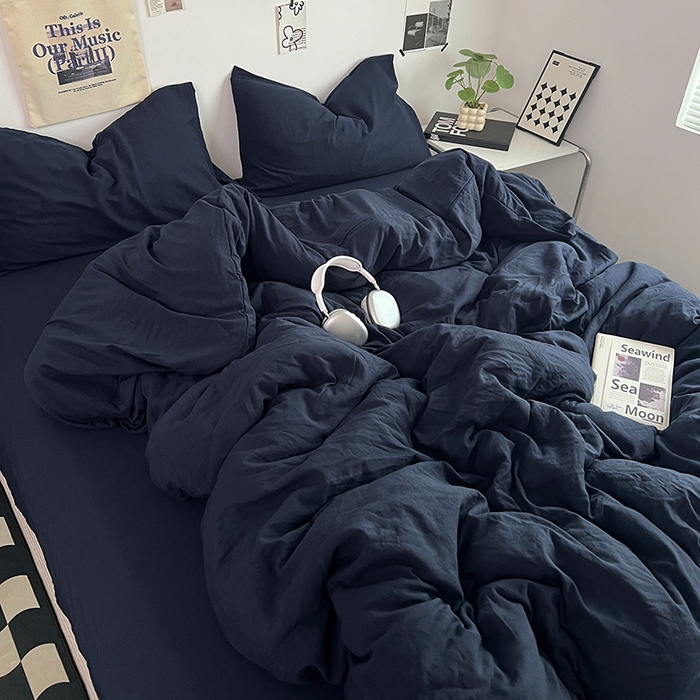 91家纺网 家纺一手货源 找家纺 优佳优品 2024新款ins风超柔褶皱亲肤磨毛水洗棉四件套 梦幻蓝