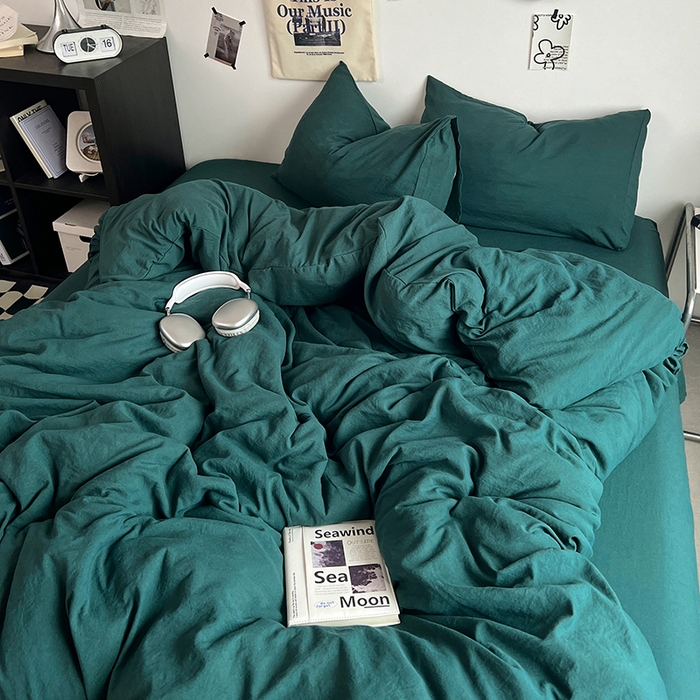 91家纺网 家纺一手货源 找家纺 优佳优品 2024新款ins风超柔褶皱亲肤磨毛水洗棉四件套 宝石绿