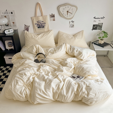 优佳优品 2024新款ins风超柔褶皱亲肤磨毛水洗棉四件套 柠檬黄