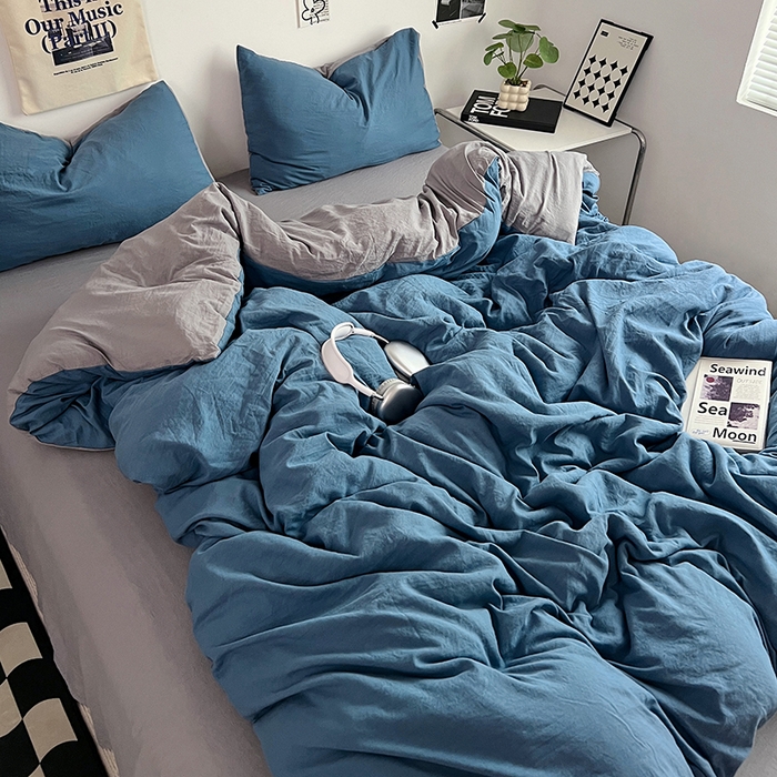 91家纺网 家纺一手货源 找家纺 优佳优品 2024新款ins风超柔褶皱亲肤磨毛水洗棉四件套 宝蓝浅灰