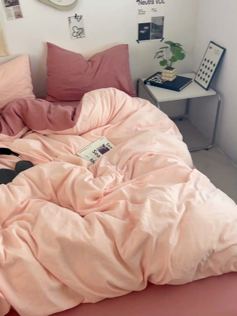 91家纺网 家纺一手货源 找家纺 优佳优品 2024新款ins风超柔褶皱亲肤磨毛水洗棉四件套 芭比粉红