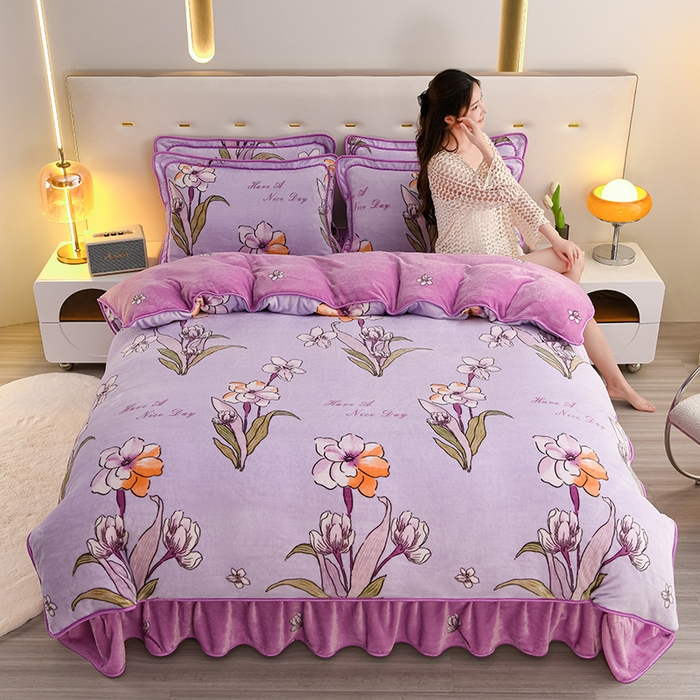 91家纺网 家纺一手货源 找家纺 芯诗曼2025新款8.5斤直播热款高克重牛奶绒法莱绒水晶金貂法莱绒四件套香芋之恋