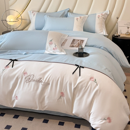 遇见家居生活馆 2024新款亲肤棉刺绣四件套-蝶恋花 蝶恋花-天空蓝