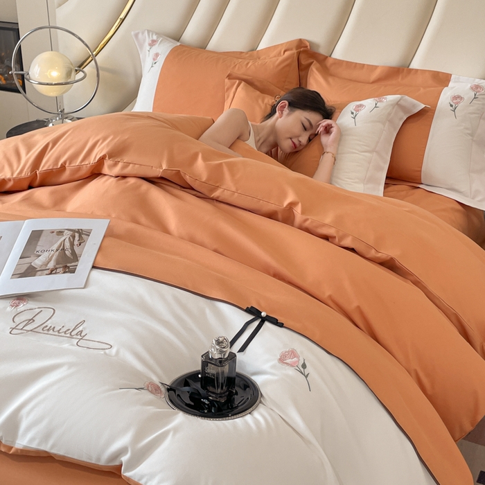 91家纺网 家纺一手货源 找家纺 遇见家居生活馆 2024新款亲肤棉刺绣四件套-蝶恋花 蝶恋花-南瓜橘