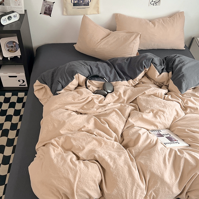 91家纺网 家纺一手货源 找家纺 优佳优品 2024新款ins风超柔褶皱亲肤磨毛水洗棉四件套 卡其深灰