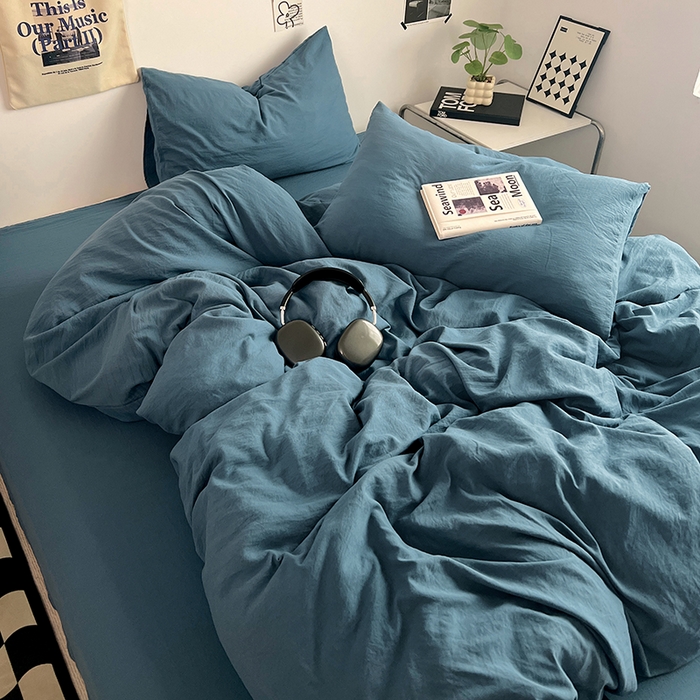 91家纺网 家纺一手货源 找家纺 优佳优品 2024新款ins风超柔褶皱亲肤磨毛水洗棉四件套 梵星蓝