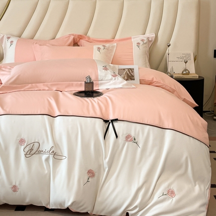 91家纺网 家纺一手货源 找家纺 遇见家居生活馆 2024新款亲肤棉刺绣四件套-蝶恋花 蝶恋花-奶油粉