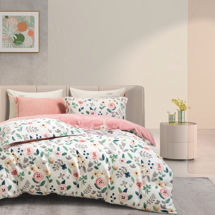 91家纺网 家纺一手货源 找家纺 宜家坊 2024新款加厚保暖印花牛奶绒四件套 甜蜜花语