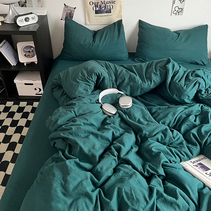 91家纺网 家纺一手货源 找家纺 优佳优品 2024新款ins风超柔褶皱亲肤磨毛水洗棉四件套 宝石绿