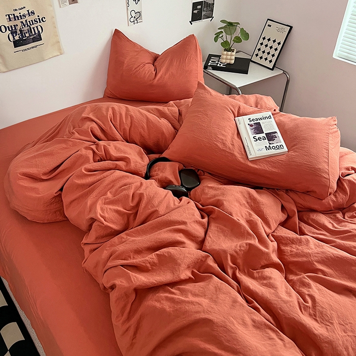 91家纺网 家纺一手货源 找家纺 优佳优品 2024新款ins风超柔褶皱亲肤磨毛水洗棉四件套 浪漫橙