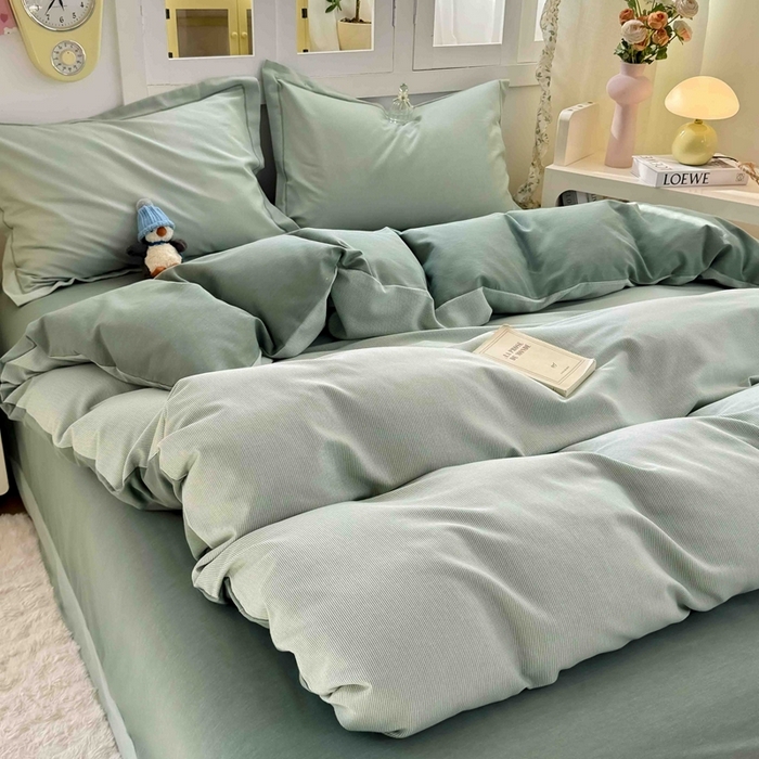 91家纺网 家纺一手货源 找家纺 优品阁 2024新款全棉磨毛四件套 邦尼绿