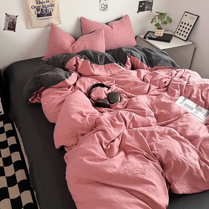 91家纺网 家纺一手货源 找家纺 优佳优品 2024新款ins风超柔褶皱亲肤磨毛水洗棉四件套 豆沙深灰