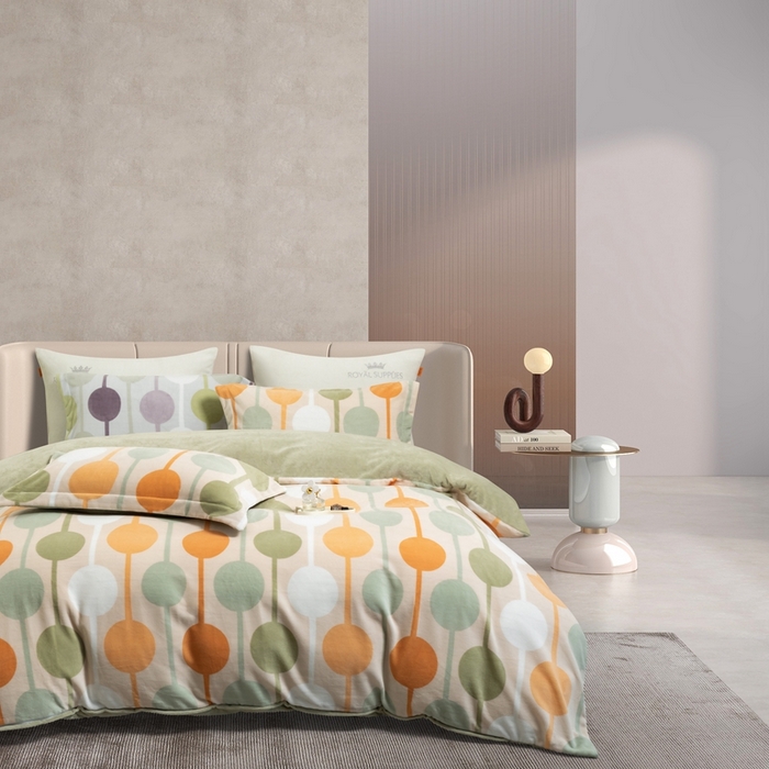 91家纺网 家纺一手货源 找家纺 宜家坊 2024新款加厚保暖印花牛奶绒四件套 迷境-奶绿