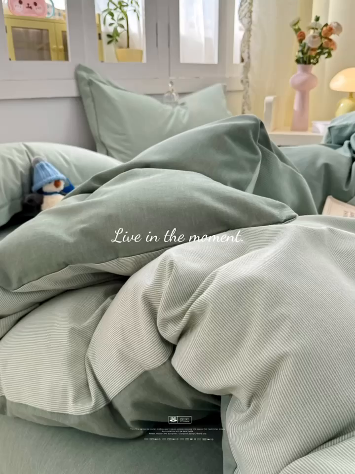 91家纺网 家纺一手货源 找家纺 优品阁 2024新款全棉磨毛四件套 邦尼绿