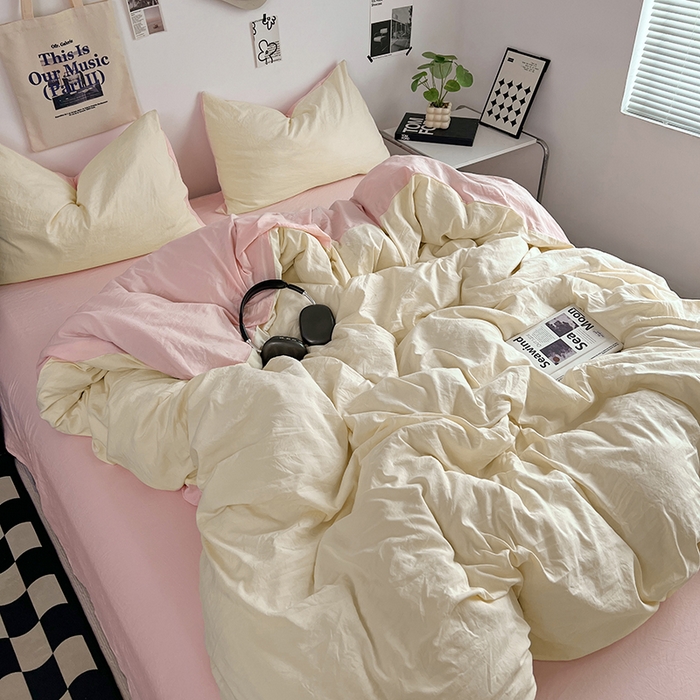 91家纺网 家纺一手货源 找家纺 优佳优品 2024新款ins风超柔褶皱亲肤磨毛水洗棉四件套 柠檬粉