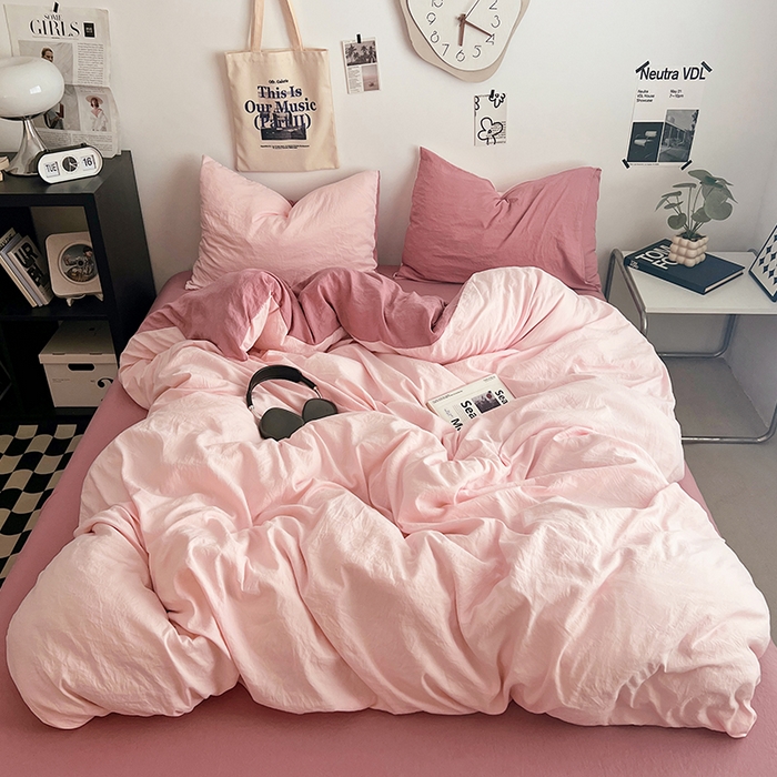 91家纺网 家纺一手货源 找家纺 优佳优品 2024新款ins风超柔褶皱亲肤磨毛水洗棉四件套 芭比粉红