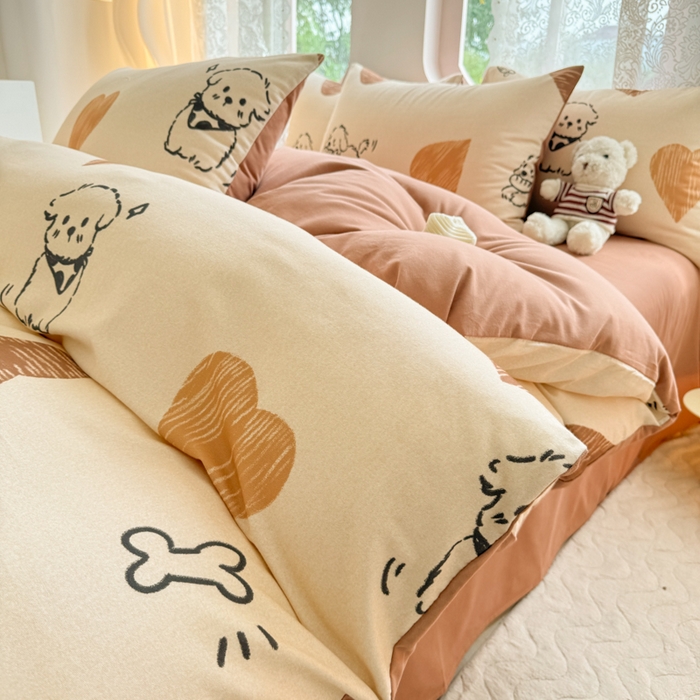 91家纺网 家纺一手货源 找家纺 千朵 2024新款全棉磨毛印花四件套 奶酪狗