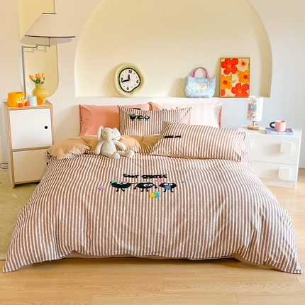 千朵 2024新款全棉磨毛绣花毛巾绣四件套 咖条小煤球