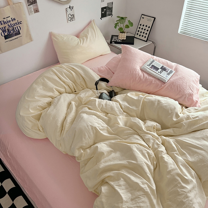 91家纺网 家纺一手货源 找家纺 优佳优品 2024新款ins风超柔褶皱亲肤磨毛水洗棉四件套 柠檬粉