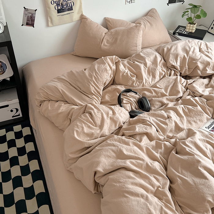 91家纺网 家纺一手货源 找家纺 优佳优品 2024新款ins风超柔褶皱亲肤磨毛水洗棉四件套 奶茶