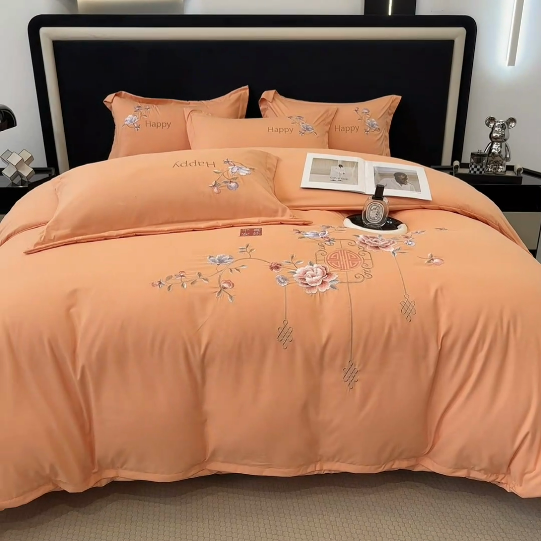 91家纺网 家纺一手货源 找家纺 梦舒羽 2025新款加厚亲肤棉磨毛刺绣四件套-平安喜乐 平安喜乐-橙色