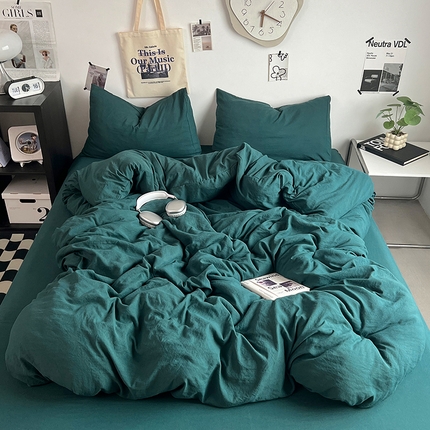 优佳优品 2024新款ins风超柔褶皱亲肤磨毛水洗棉四件套 宝石绿