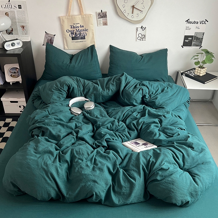 91家纺网 家纺一手货源 找家纺 优佳优品 2024新款ins风超柔褶皱亲肤磨毛水洗棉四件套 宝石绿