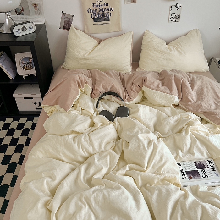 91家纺网 家纺一手货源 找家纺 优佳优品 2024新款ins风超柔褶皱亲肤磨毛水洗棉四件套 菊蕊奶黄