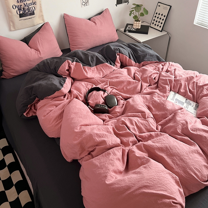 91家纺网 家纺一手货源 找家纺 优佳优品 2024新款ins风超柔褶皱亲肤磨毛水洗棉四件套 豆沙深灰