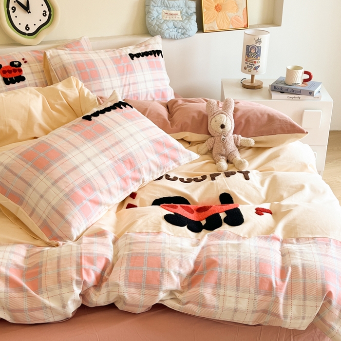 91家纺网 家纺一手货源 找家纺 千朵 2024新款全棉磨毛绣花毛巾绣四件套 爱心狗