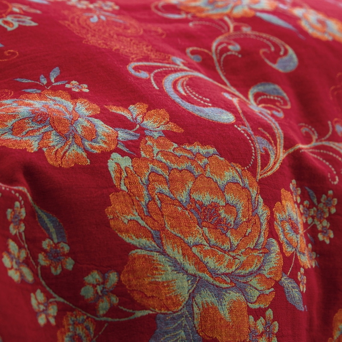 91家纺网 家纺一手货源 找家纺 鲁爱 2025新款全棉色织双层纱纽扣款四件套 陌上花开-红