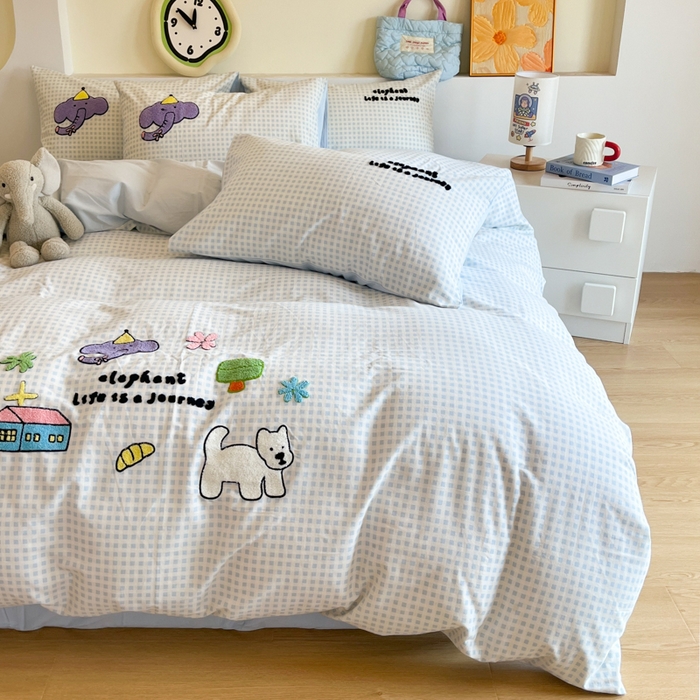 91家纺网 家纺一手货源 找家纺 千朵 2024新款全棉磨毛绣花毛巾绣四件套 紫色小象