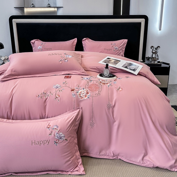 91家纺网 家纺一手货源 找家纺 梦舒羽 2025新款加厚亲肤棉磨毛刺绣四件套-平安喜乐 平安喜乐-豆沙